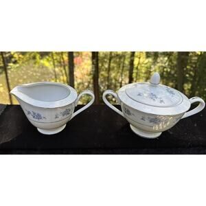 Vintage Japan Hampton China Cream & Sugar BLUE Florals SHEFFIELD /10/3/23